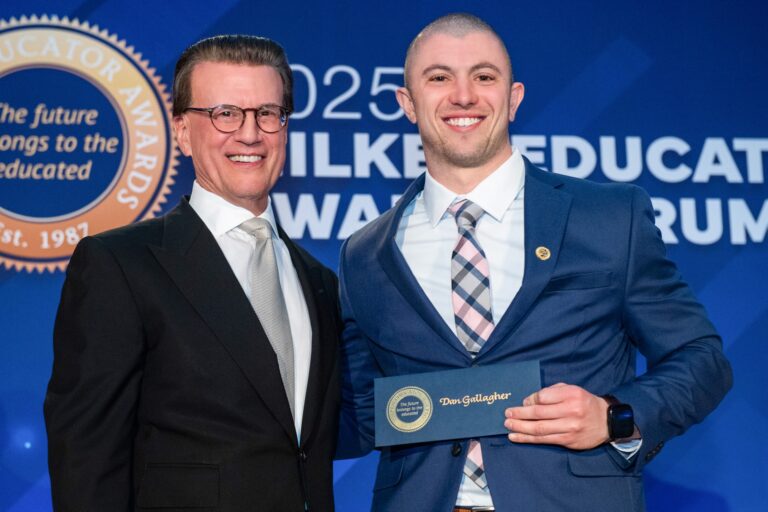 Lowell Milken, chairman and co-founder of the Milken Family Foundation, with Roncalli teacher Dan Gallagher at the Milken Educator Awards Forum earlier this year in Los Angeles. Photo courtesy of Milken Family Foundation.