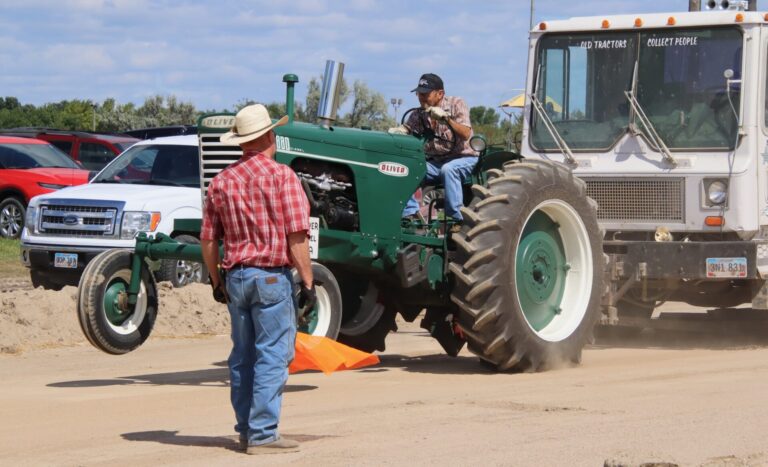 Les Merkel lifted up the front end of his Oliver tractor in the 7500 pound weight class. He finished third with a pull of 184.45 feet behind Bob Pots in second at 185.19 feet and Cory Bremmon in first at 191.44. The Brown County Old Time Tractor Pullers Association held their fair tractor pull on Saturday, Aug. 23. It had been rescheduled due to muddy conditions during the fair. Aberdeen Insider photo by Elisa Sand.