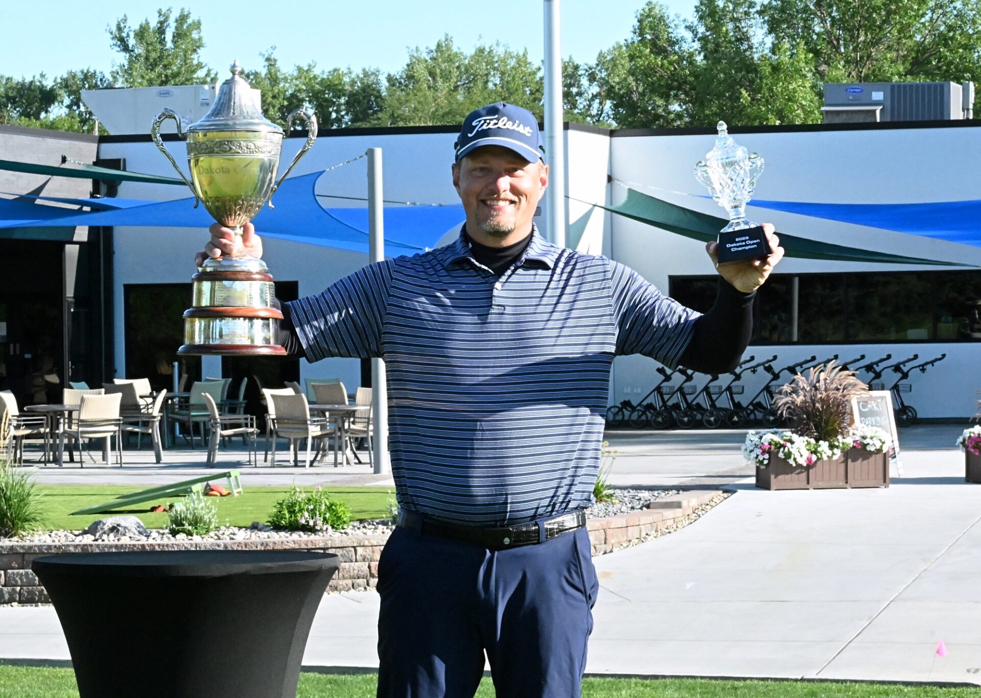 Troy McKown of Warner holds the hardware following his win at the 2025 Dakota Open Sunday, Aug. 24 at Moccasin Creek Country Club. Aberdeen Insider photo by Robb Garofalo.