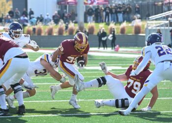Northern State running back Wyatt Block carries the ball against Minnesota State on Saturday, Nov. 2, 2025 at Dacotah Bank Stadium. Aberdeen Insider photo by Robb Garofalo.