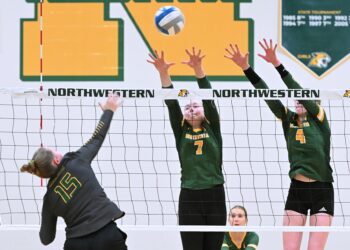 Sports roundup: Northwestern opens volleyball season with four-set win against Roncalli 4 Aberdeen Roncalli's Reese Heinrich tries to hit over the block attempt of Northwestern's Lila Johnson (7) and Ashley Haven during the third set Tuesday, Aug. 26 in Mellette. Aberdeen Insider photo by Allie Hoekman.