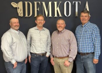 The senior leadership team at DemKota Ranch Beef includes, from left, Matt Bode, vice president of cattle procurement; Tom Long, chief finance officer; Adam Bode, CEO; and Dan Rohrberg, vice president of sales. Not shown is Mark Stammer, vice president of human resources. Photo courtesy of DemKota.