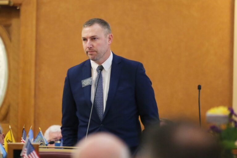Rep. Jon Hansen, R-Dell Rapids, speaks on the South Dakota House floor on March 5, 2024. Hansen was the sponsor of a 2025 bill that would shorten the time for circulating ballot question petitions, but a judge ruled it unconstitutional. South Dakota Searchlight photo by Makenzie Huber.