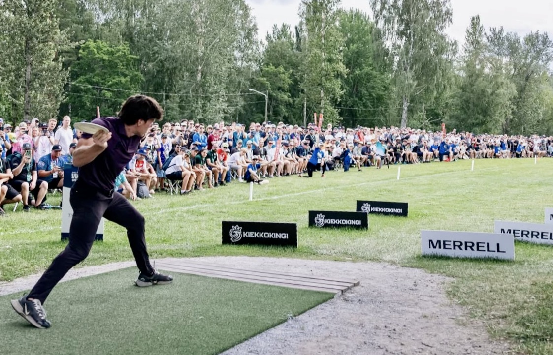 Aberdeen native Ezra takes a shot at the 2025 Disc Golf World Championships in Finland earlier this summer. He finished fourth in the event. Photo courtesy of Professional Disc Golf Association.