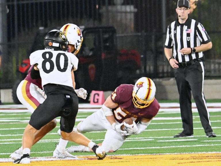 Northern State's Jake Adams makes a diving interception during the fourth quarter of the Wolves' 26-7 win against Wayne State in 2025 at Dacotah Bank Stadium. Aberdeen Insider photo by Robb Garofalo.