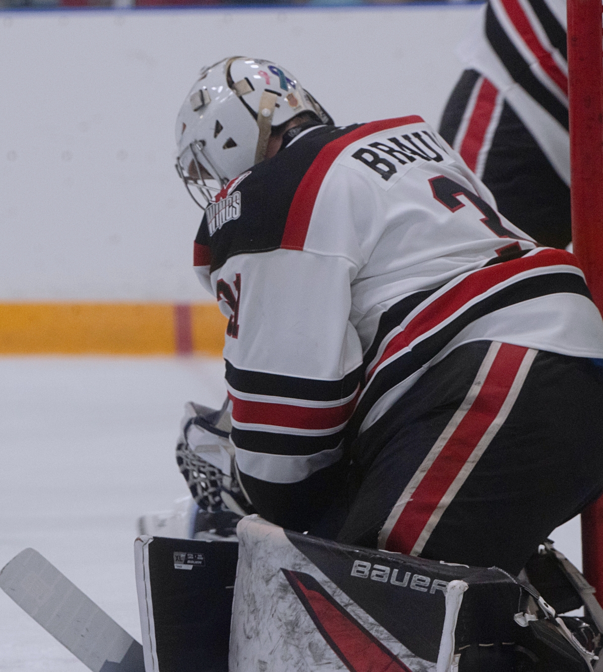 Aberdeen Wings goaltender Willum Braun squeezes the glvoe following a save in the second period against St. Cloud Saturday, Sept. 13 inside the Odde Ice Center. Braun had 34 saves in a 2-1 win. Aberdeen Insider photo by Allie Hoekman.