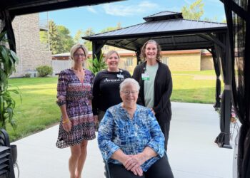 Avera St. Luke's Auxiliary members, back from left, Barb Grosz, Char Siefkin, Jennifer Kludt and, front, Elaine VanDover in the expanded patio area at Mother Joseph Manor. It's one of many projects the auxiliary has paid for. Aberdeen Insider photo by Elisa Sand.