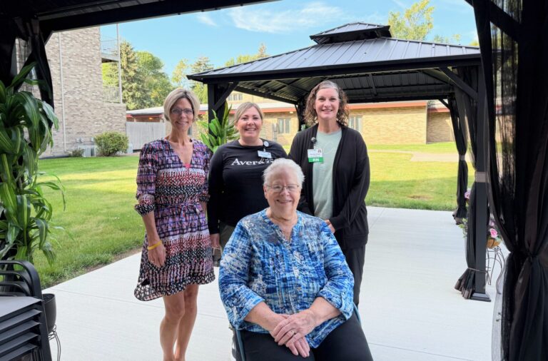 Avera St. Luke's Auxiliary members, back from left, Barb Grosz, Char Siefkin, Jennifer Kludt and, front, Elaine VanDover in the expanded patio area at Mother Joseph Manor. It's one of many projects the auxiliary has paid for. Aberdeen Insider photo by Elisa Sand.