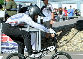 Aberdeen's Dante Casanova crosses the finish line in first place in the BMX North Central Gold Cup Finals championship in the 17-to-20-year-old expert division at the Aberdeen Hub Area BMX track on Sunday, Sept. 21. Aberdeen Insider photo by Robb Garofalo.