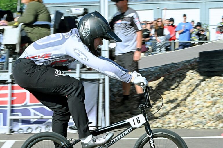 Aberdeen's Dante Casanova crosses the finish line in first place in the BMX North Central Gold Cup Finals championship in the 17-to-20-year-old expert division at the Aberdeen Hub Area BMX track on Sunday, Sept. 21. Aberdeen Insider photo by Robb Garofalo.