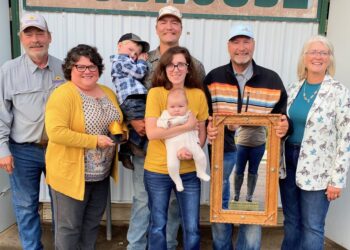 The Aberdeen Area Chamber of Commerce 2025 Farm Family of the Year is the Erdmann Family Ranch. Pictured from left are Joe and Sheila Erdmann; Royce and Allie Erdmann, holding their children Walker and Wren; and Daniel and Anne Jo Erdmann. Photo courtesy of the Aberdeen Area Chamber of Commerce.