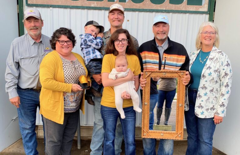 The Aberdeen Area Chamber of Commerce 2025 Farm Family of the Year is the Erdmann Family Ranch. Pictured from left are Joe and Sheila Erdmann; Royce and Allie Erdmann, holding their children Walker and Wren; and Daniel and Anne Jo Erdmann. Photo courtesy of the Aberdeen Area Chamber of Commerce.
