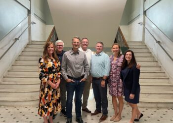 Members of the Knight Foundation toured Aberdeen on Wednesday, Sept. 24 to see how grants from the foundation have benefited the community, including Northern State University and Aberdeen Community Theatre. Pictured from left are Amber Schwab, Aberdeen economic development manager and public information officer; Patrick Gallagher, community development director with the South Dakota Community Foundation; Mayor Travis Schaunaman; City Manager Robin Bobzien; Heath Johnson, chairman of the Aberdeen Area Community Foundation; Lilly Weinberg, senior director of community impact for the Knight Foundation; and Marisa Kwiatkowski, director of journalism for the Knight Foundation. Courtesy photo.
