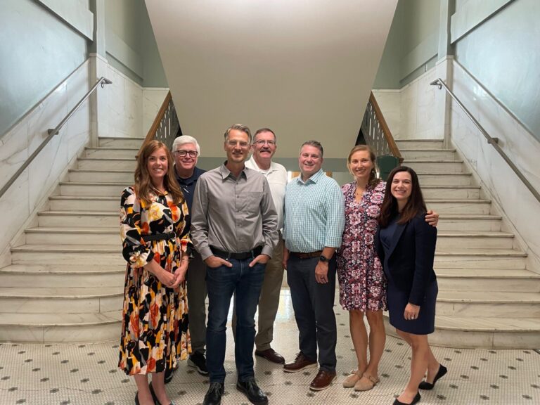 Members of the Knight Foundation toured Aberdeen on Wednesday, Sept. 24 to see how grants from the foundation have benefited the community, including Northern State University and Aberdeen Community Theatre. Pictured from left are Amber Schwab, Aberdeen economic development manager and public information officer; Patrick Gallagher, community development director with the South Dakota Community Foundation; Mayor Travis Schaunaman; City Manager Robin Bobzien; Heath Johnson, chairman of the Aberdeen Area Community Foundation; Lilly Weinberg, senior director of community impact for the Knight Foundation; and Marisa Kwiatkowski, director of journalism for the Knight Foundation. Courtesy photo.