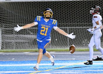 Aberdeen Central's Porter Lozenski celebrates what proved to be the game-winning touchdown against Sturgis Friday, Sept. 26 at Brownell Activities Complex. Lozenski's 57-yard run helped Central to a 21-13 win. Aberdeen Insider photo by Robb Garofalo.
