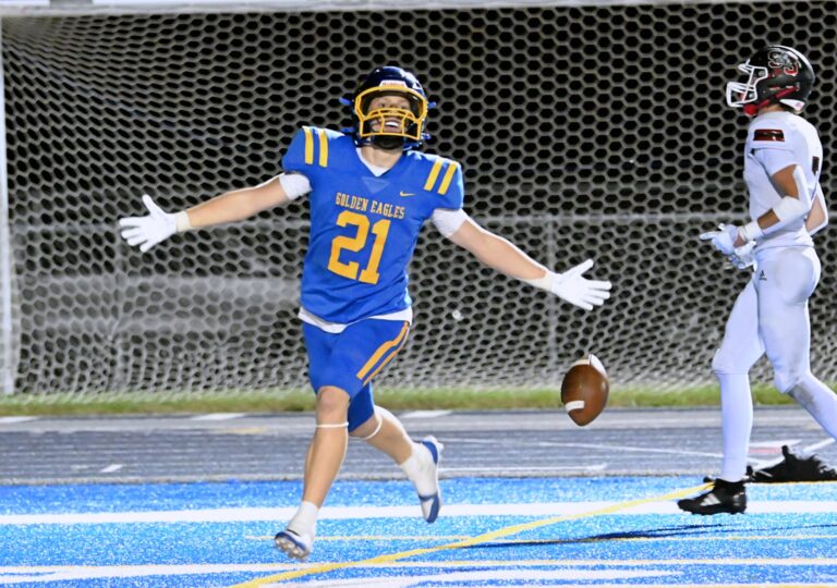 Aberdeen Central's Porter Lozenski celebrates what proved to be the game-winning touchdown against Sturgis Friday, Sept. 26 at Brownell Activities Complex. Lozenski's 57-yard run helped Central to a 21-13 win. Aberdeen Insider photo by Robb Garofalo.