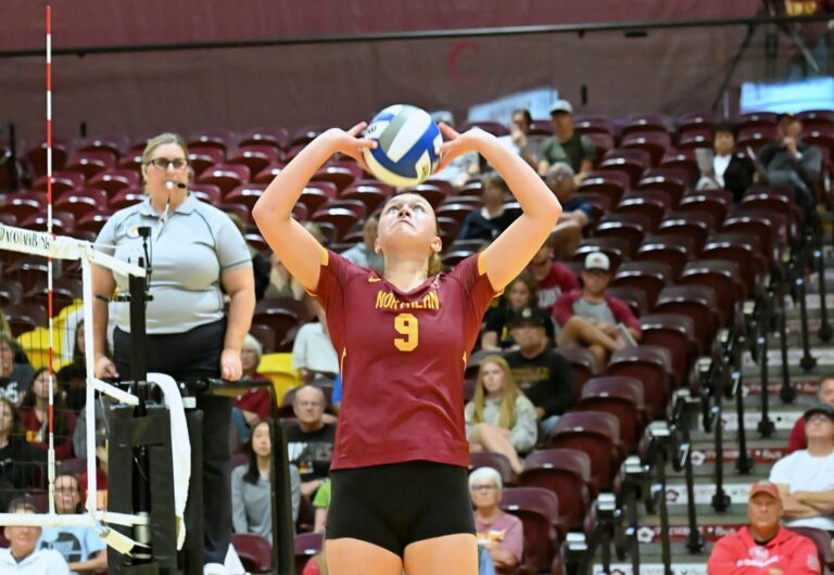 Northern State's Ava Nilsson sets the ball during set two of the Wolves match against St. Cloud State Saturday, Sept. 27 inside the Barnett Center. Aberdeen Insider photo by Robb Garofalo.