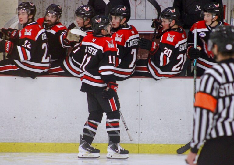 Aberdeen forward Brody Dustin celebrates his second-period goal against Fairbanks on Saturday, Sept. 27 at the North American Hockey League Showcase in Blaine, Minn. Aberdeen Wings photo courtesy of Ryann Yamaura.