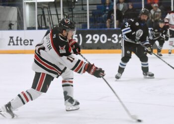 Aberdeen forward Brody Dustin fires a shot on goal during the second period of the Wings 5-2 win over St. Cloud Saturday, Oct. 4 inside the Odde Ice Center. The Wings swept the series to improve to 6-1 on the year. Aberdeen Insider photo by Robb Garofalo.