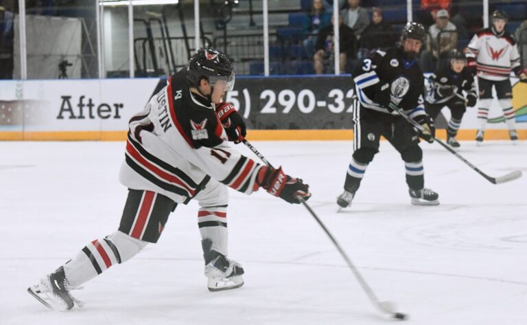Aberdeen forward Brody Dustin fires a shot on goal during the second period of the Wings 5-2 win over St. Cloud Saturday, Oct. 4 inside the Odde Ice Center. The Wings swept the series to improve to 6-1 on the year. Aberdeen Insider photo by Robb Garofalo.
