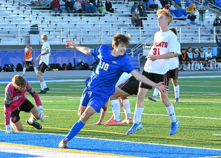 Aberdeen Central's Linus Johnson celebrates his first-half goal during Central's 3-0 Class AA playoff win over Brookings Tuesday, Oct. 7 at Brownell Activities Complex. Aberdeen Insider photo by Robb Garofalo.