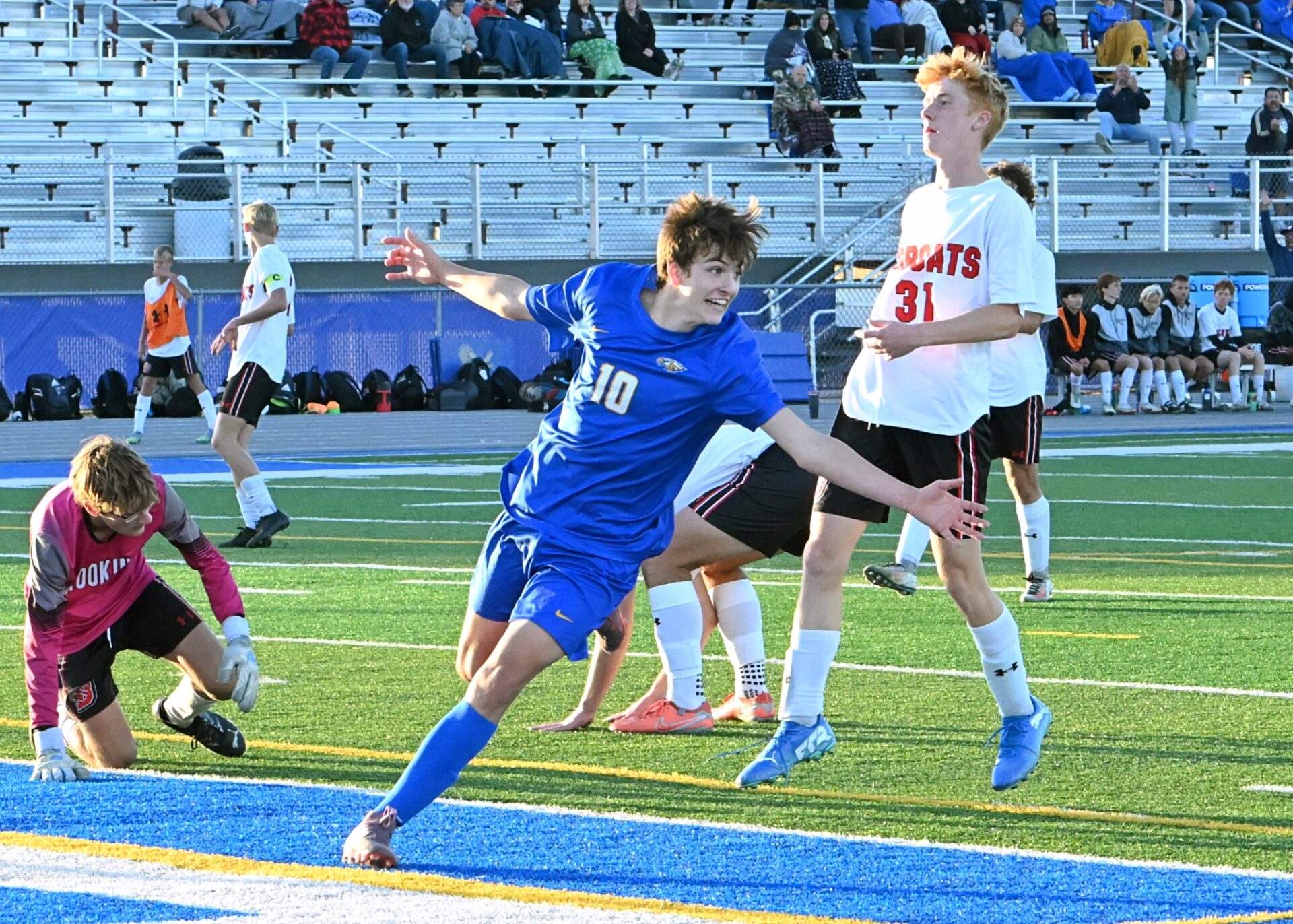 Aberdeen Central's Linus Johnson celebrates his first-half goal during Central's 3-0 Class AA playoff win over Brookings Tuesday, Oct. 7 at Brownell Activities Complex. Aberdeen Insider photo by Robb Garofalo.