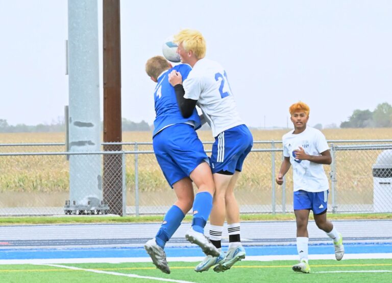 Aberdeen Central's Lincoln Stone, left, and Sioux Falls Christian's Kian Clapp battle for a header during the first half of the Class AA quarterfinal Saturday, Oct. 11 in the Brownell Activities Complex. Christian earned a 2-1 win in double overtime. Aberdeen Insider photo by Allie Hoekman.