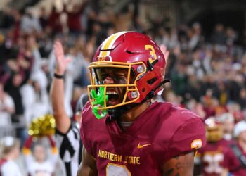 Northern State's DJ Smith celebrates his 9-yard touchdown catch during the Wolves' 34-31 win over 10th-ranked Minnesota Duluth Saturday, Oct. 11 at Dacotah Bank Stadium. Northern made it two-straight wins over Duluth for the first time in 25 years. Aberdeen Insider photo by Robb Garofalo.