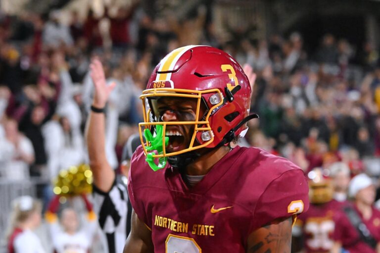 Northern State's DJ Smith celebrates his 9-yard touchdown catch during the Wolves' 34-31 win over 10th-ranked Minnesota Duluth Saturday, Oct. 11 at Dacotah Bank Stadium. Northern made it two-straight wins over Duluth for the first time in 25 years. Aberdeen Insider photo by Robb Garofalo.