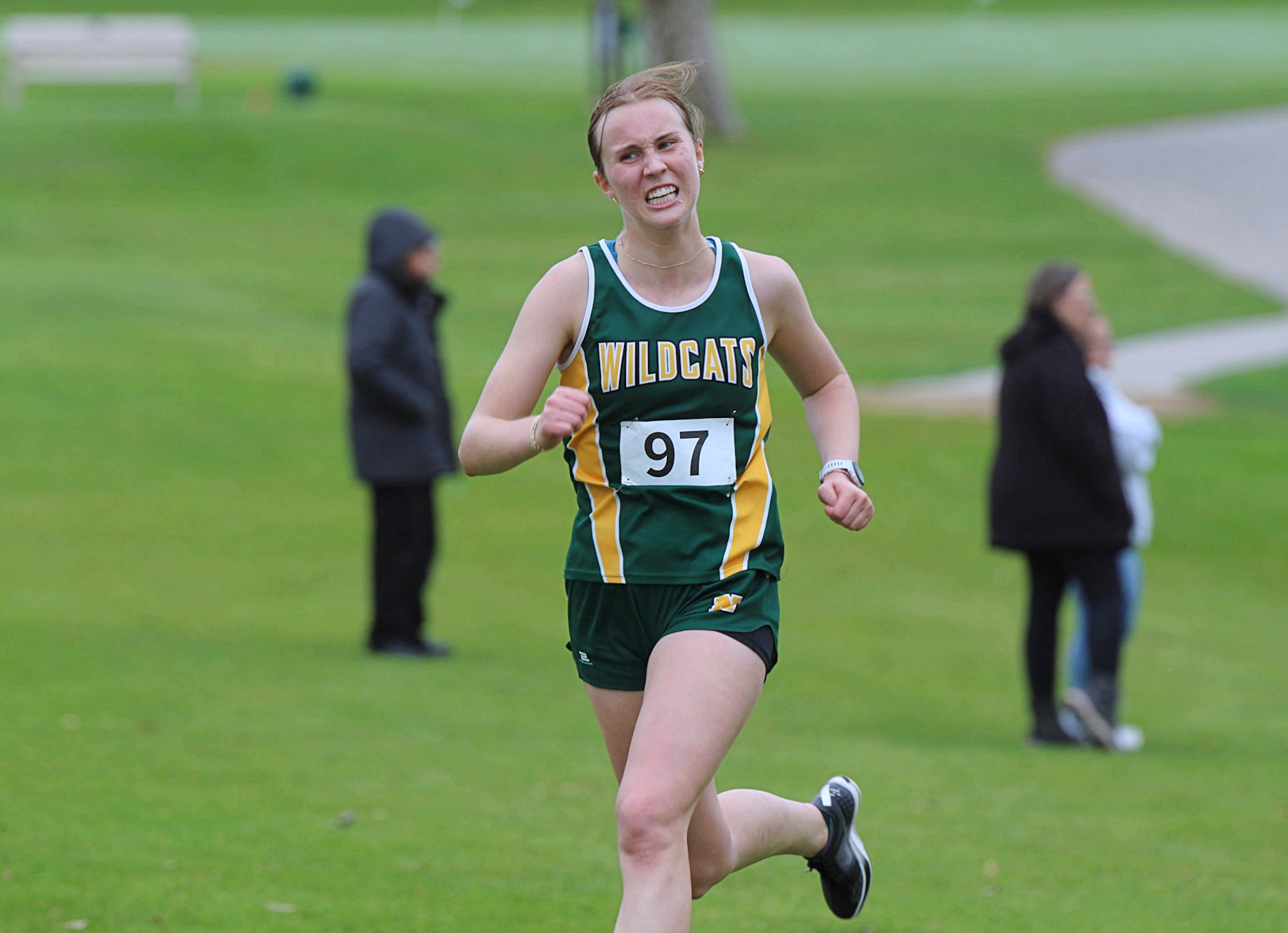Northwestern's Ella Boekelheide pushes towards the finish line of the Region 1B girls cross-country meet Wednesday, Oct. 15 in Webster. She won her six-straight region title, finishing in 19:06.25. Aberdeen Insider photo by Allie Hoekman.