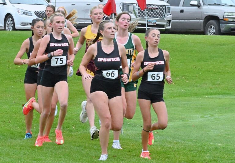Ipswich runners Isabella Galbraith, right, Madisyn Gellhaus, Kaylnn Oban, Jayla Stiles and Jennay Gisi set the pace during the Region 1B girls high school cross-country meet Wednesday, Oct. 15 in Webster. The Tigers won the team competition and will be a favorite at this weekend's state meet in Huron. Aberdeen Insider photo by Robb Garofalo.