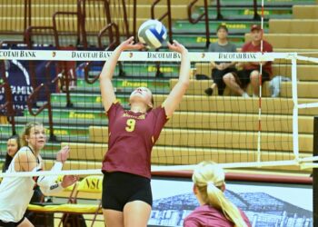 Northern State's Ava Nilsson sets the outside during the Wolves match against St. Cloud Saturday, Sept. 27 at Wachs Arena. Nilsson is averaging a Division II best 12.3 assists per set. Aberdeen Insider photo by Robb Garofalo.
