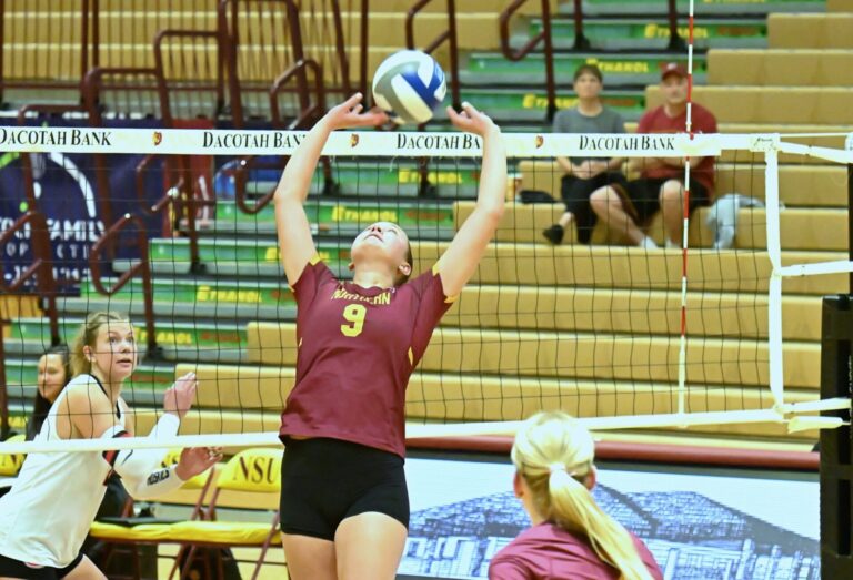 Northern State's Ava Nilsson sets the outside during the Wolves match against St. Cloud Saturday, Sept. 27 at Wachs Arena. Nilsson is averaging a Division II best 12.3 assists per set. Aberdeen Insider photo by Robb Garofalo.