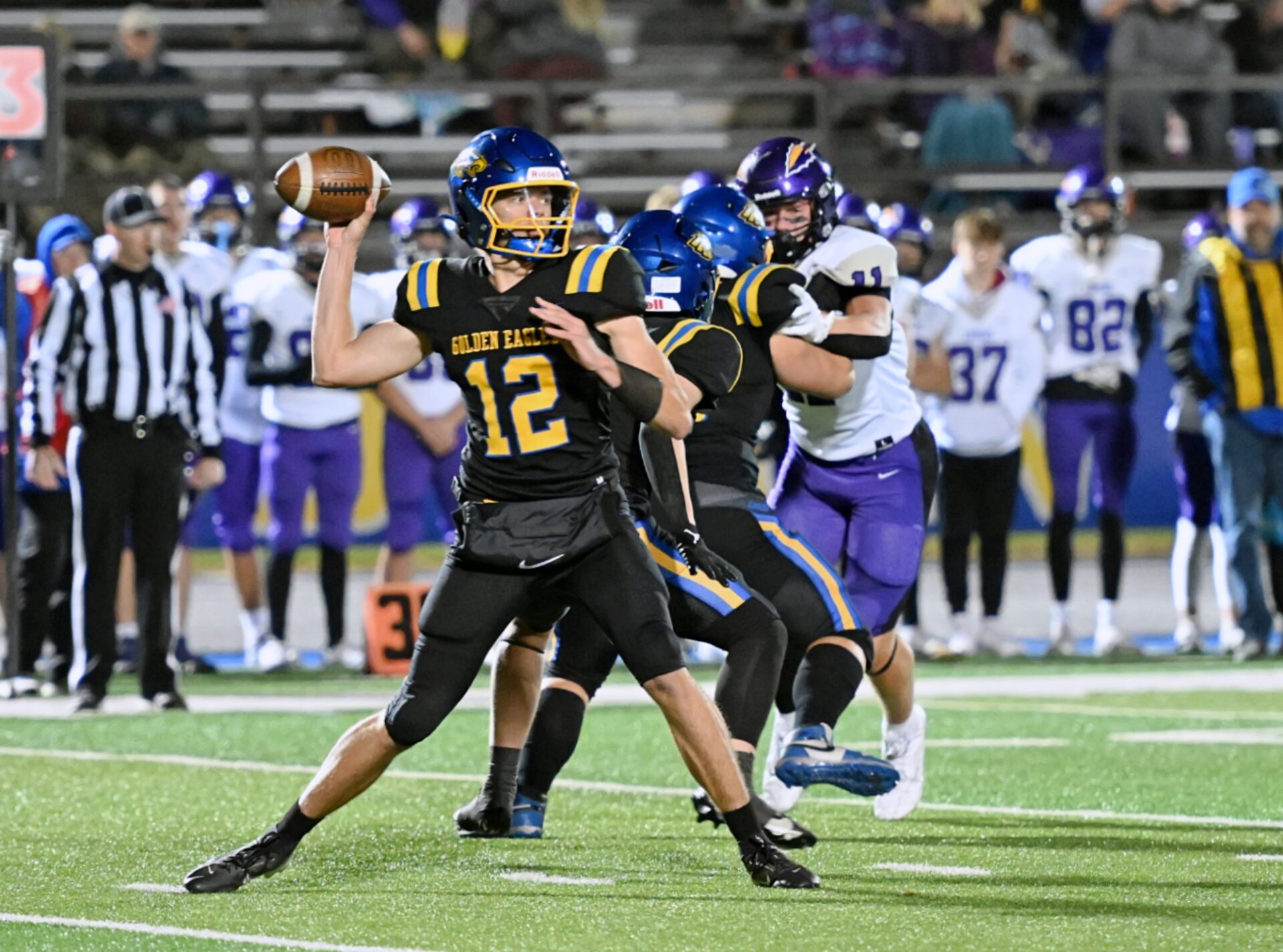 Aberdeen Central's Brayden Bowman fires a pass to the flat during the first quarter against Watertown Thursday, Oct. 23 at the Brownell Activities Complex. Central lost to Watertown 33-27 in four overtimes. Aberdeen Insider photo by Robb Garofalo.