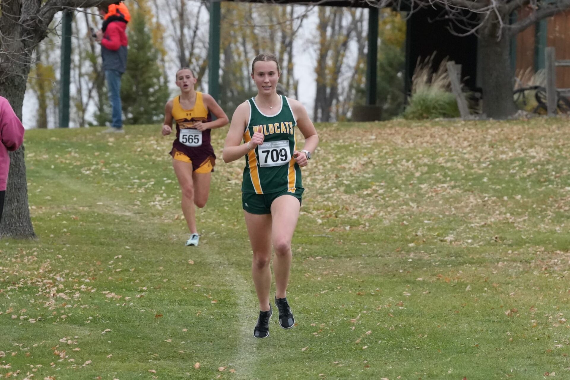 Northwestern's Ella Boekelheide keeps distance between herself and Deubrook Area's Nora Olsen during the girls Class B state cross-country meet Saturday, Oct. 25 in Huron. Boekelheide won her second-straight state title and third overall. Aberdeen Insider photo by Kevin Foss.