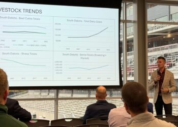 Kyle Peters, a partner with A-1 Development Solutions, discusses livestock population trends during his talk at a regional business symposium Monday, Oct. 27 at the Kessler's Champions Club. Aberdeen Insider photo by Elisa Sand.