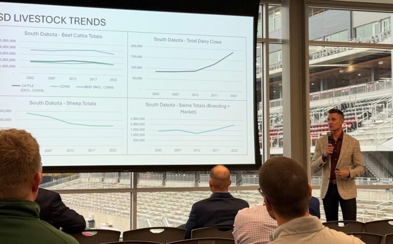 Kyle Peters, a partner with A-1 Development Solutions, discusses livestock population trends during his talk at a regional business symposium Monday, Oct. 27 at the Kessler's Champions Club. Aberdeen Insider photo by Elisa Sand.