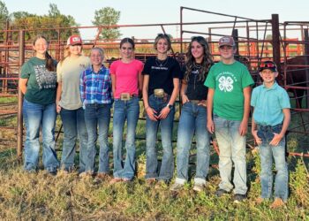 Futurity participants in 2025 included Chancey Kessler, Charlee Kessler, Allison Belcher, Danyelle Schnabel, Peyton Schnabel, Teagan Weiszhaar, Tucker Weiszhaar and Korbyn Schnabel. This year’s winner of the heifer was Korbyn Schnabel, and the reserve winner was Chancey Kessler. Courtesy photo.