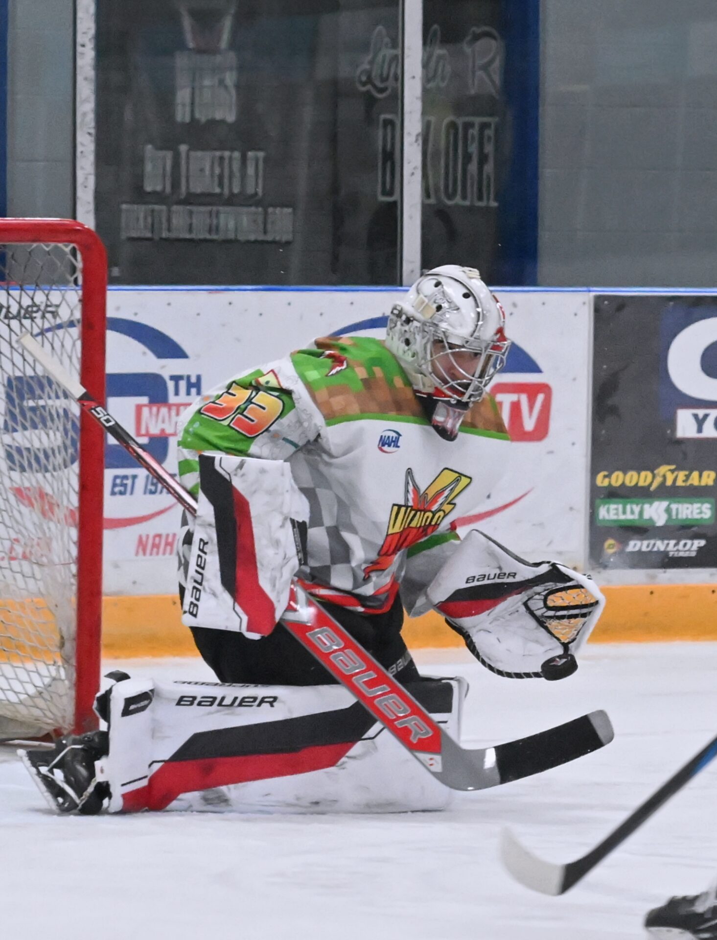 Aberdeen goalie Adam Dybal makes one of his 19 saves during a 3-1 victory against Bismarck Saturday, Nov. 1 at the Odde Ice Center. Aberdeen Insider photo by Robb Garofalo.
