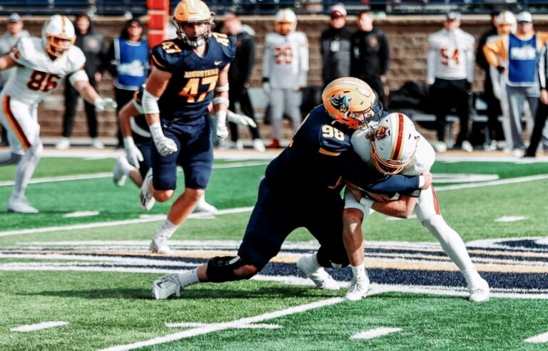 Augustana defensive lineman Zachary Richardson makes a tackle during the Vikings 27-14 victory against Northern State on Saturday, Nov. 1 in Sioux Falls.