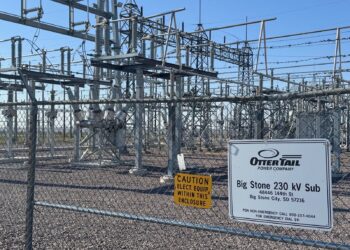 This energy substation is part of the transmission system at the Otter Tail Power Co. plant in Big Stone City on Sept. 25. South Dakota News Watch photo by Bart Pfankuch.