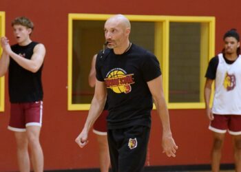 Northern State men's basketball coach Matt Wilber watches a transition drill during practice at Dacotah Hall. The Wolves open their 2025-26 campaign Friday, Nov. 14 at Oklahoma Baptist. Aberdeen Insider photo by Robb Garofalo.