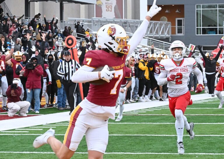 Northern State's Zach Jorgenson celebrates his 24-yard touchdown catch during the first quarter against Minot State Saturday, Nov. 8 at Dacotah Bank Stadium. Northern lost its first home game of the season 49-28 to the Beavers. Aberdeen Insider photo by Robb Garofalo.
