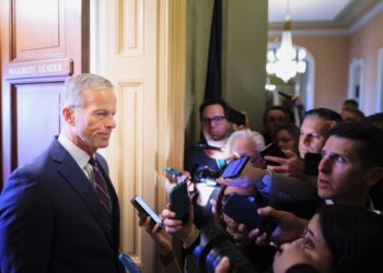 Senate Majority Leader John Thune, R-S.D., speaks to reporters while walking to his office on Nov. 10, 2025 on Capitol Hill in Washington, D.C. Getty Images photo by Tom Brenner.