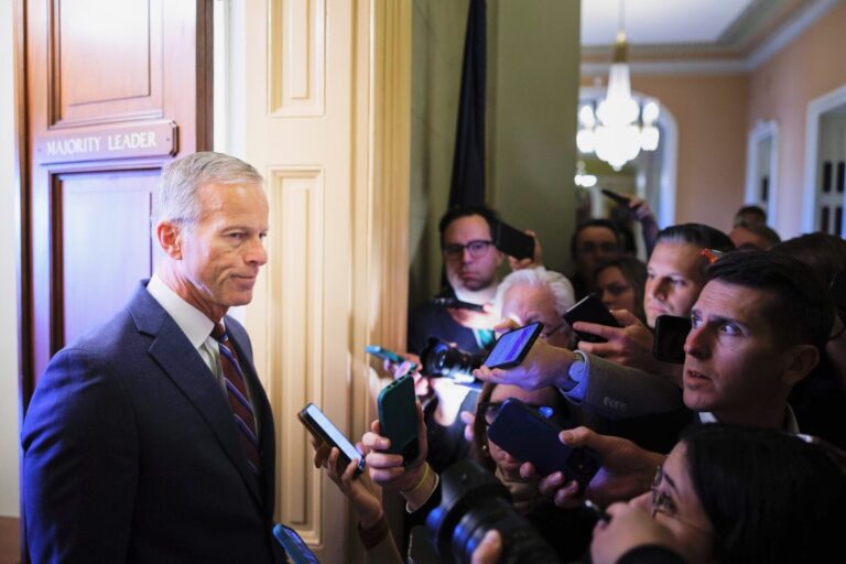 Senate Majority Leader John Thune, R-S.D., speaks to reporters while walking to his office on Nov. 10, 2025 on Capitol Hill in Washington, D.C. Getty Images photo by Tom Brenner.