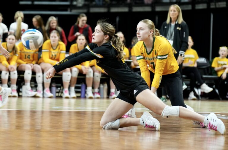 Northwestern's Tara Blachford bumps a ball during the Wildcats' victory over Gayville-Volin on Thursday, Nov. 20 during the Class B state volleyball tournament in Rapid City. Photo courtesy of South Dakota Public Broadcasting.