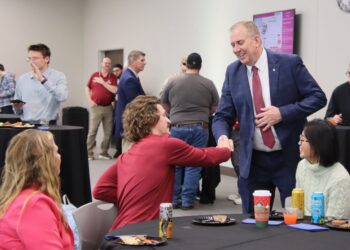 Alan LaFave, incoming president at Northern State University, mingles with visitors at an open house on campus Friday, Nov. 21 at the Kessler's Champions Club. Aberdeen Insider photo by Elisa Sand.