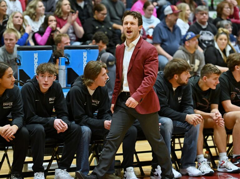 Aberdeen Christian head coach Matt Rohrbach calls out to his team during a game against Dell Rapid St. Mary at last year's boys State B basketball tournament. He will also coach the Christian girls team this year. Aberdeen Insider photo by Robb Garofalo.