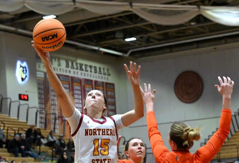 Northern State's Megan Counts puts up a layup during the second quarter against Jamestown Wednesday, Nov. 26 at Wachs Arena. Counts had eight points and four rebounds in a 65-48 loss. Aberdeen Insider photo by Robb Garofalo.