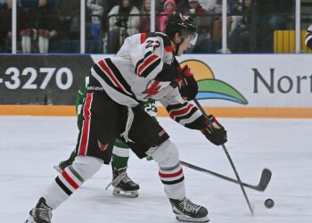 Aberdeen forward Jibber Kuhl takes a shot on goal during the second period against Watertown Wednesday, Nov. 26 inside the Odde Ice Center. The Wings lost 5-2. Aberdeen Insider photo by Robb Garofalo.